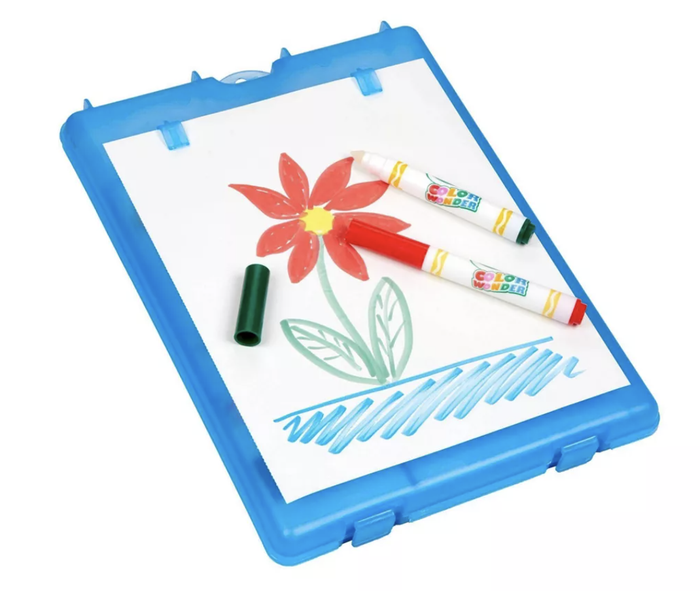 A drawing board featuring a colorful flower design, with two markers and a green cap.