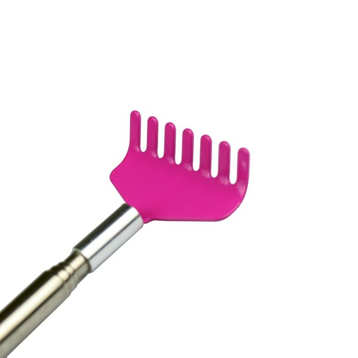A back scratcher featuring a metal handle with a pink plastic head designed like a small rake