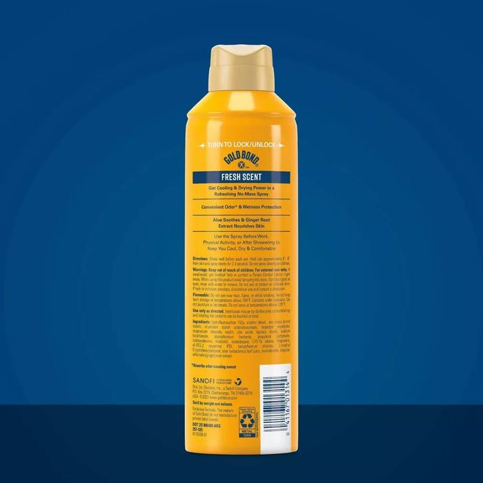 The back of a Gold Bond Fresh Scent body powder spray can, featuring details on odor and wetness protection as well as anti-friction benefits.