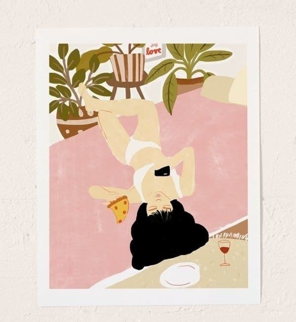 Art print showing a person in their underwear holding a slice of pizza in one hand and a phone in the other, with a glass of wine beside them.