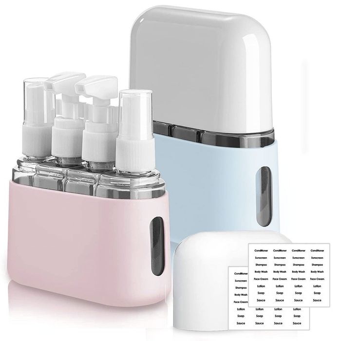 A set of travel-size toiletry containers featuring four labeled pump bottles, all neatly stored in a protective case—ideal for organizing personal care items during your travels.