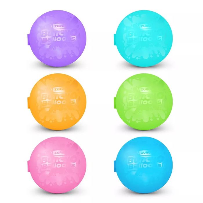 Six packs of Zuru Bunch O Balloons water balloons in a variety of colors: purple, blue, orange, green, pink, and turquoise.