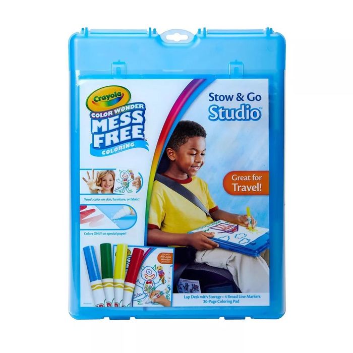 A blue plastic container holding a set of Crayola markers.