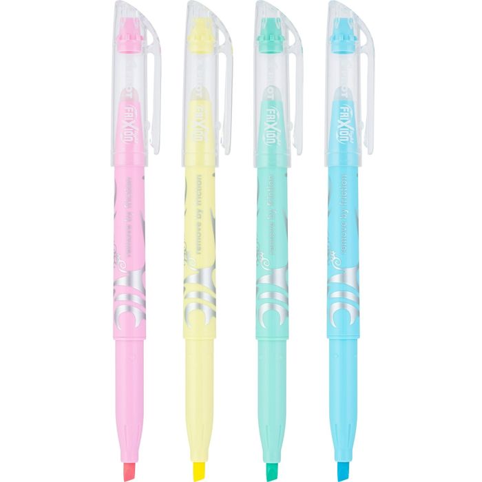 A set of four pastel FriXion highlighters with erasers, featuring shades of pink, yellow, green, and blue, perfect for neat and erasable note-taking