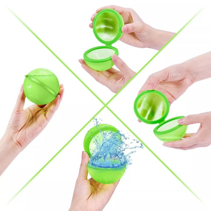 A collage featuring a person opening a round green water balloon to reveal its interior, followed by an image of the balloon splashing water.