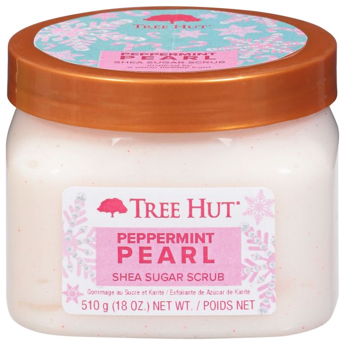 Tree Hut's Peppermint Pearl Shea Sugar Scrub comes in a jar with a festive snowflake design, featuring 510g of this holiday favorite scrub.