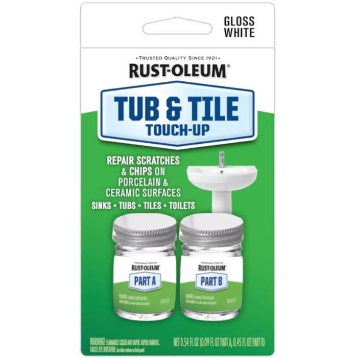 Rust-Oleum Tub & Tile Touch-Up kit, which includes two containers labeled Part A and Part B, designed to fix scratches and chips on porcelain and ceramic surfaces.