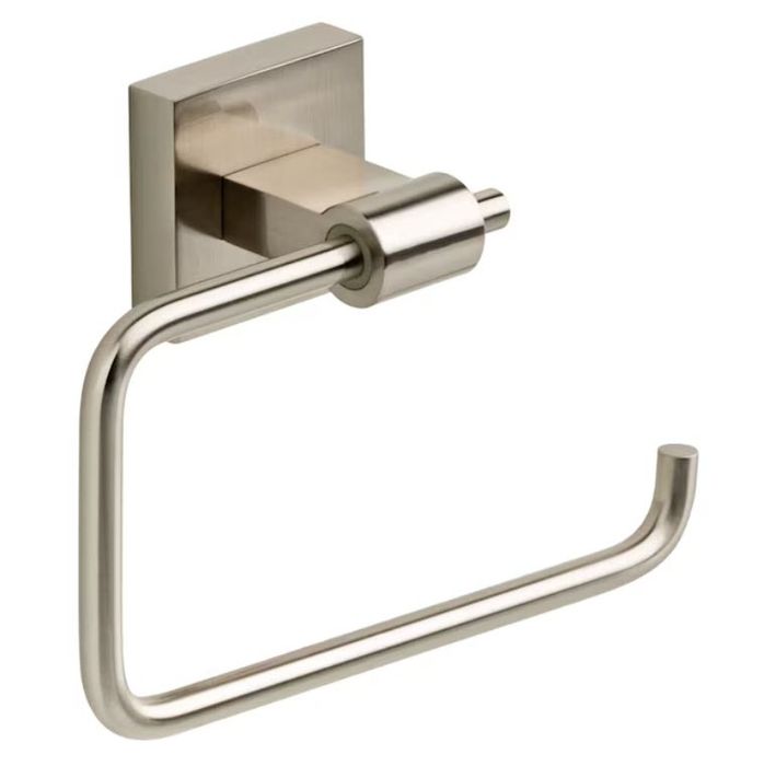 A sleek, wall-mounted U-shaped metal toilet paper holder with a contemporary, minimalist look and a rectangular base.