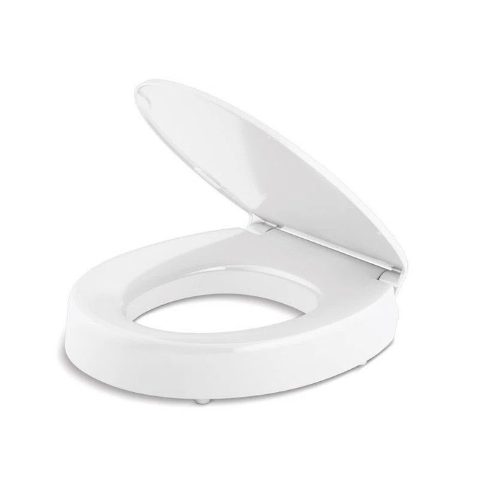 A raised toilet seat featuring an open lid, designed to provide enhanced accessibility and comfort.