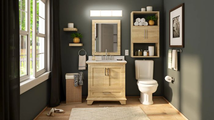 A contemporary bathroom featuring wooden details, a sleek vanity, stylish shelves, and a towel rack. Designed with a minimalist aesthetic and illuminated by natural light from a spacious window.