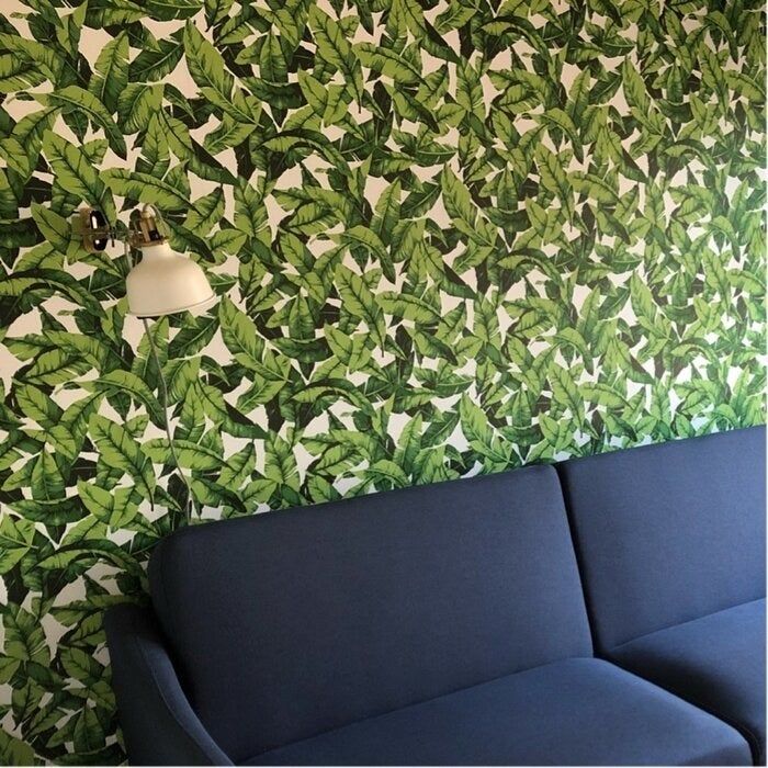 A reviewer's living room featuring the green botanical peel-and-stick wallpaper adorning the walls.