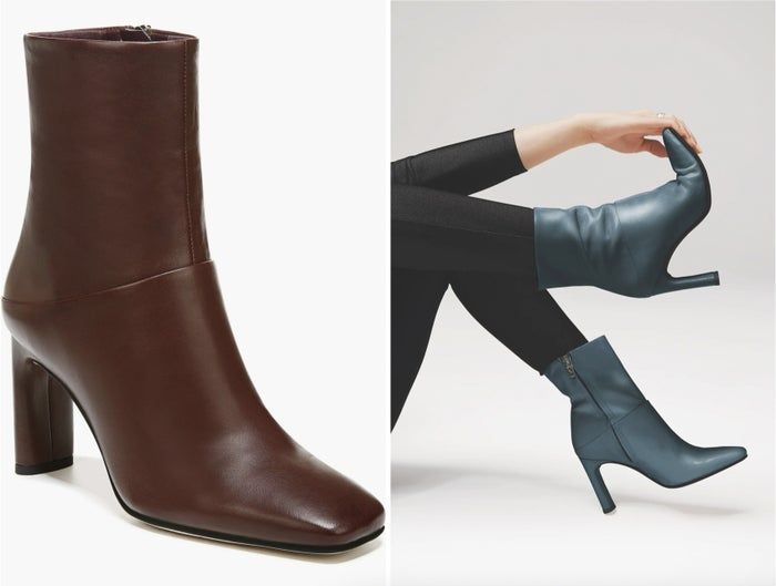 Two images of chic ankle boots: one in brown with a chunky heel, and another in blue with a stiletto heel, paired with black leggings