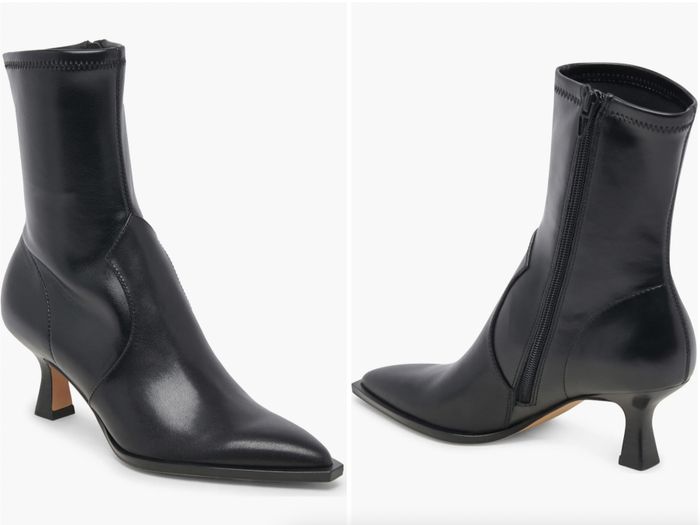 Sleek black leather ankle boots with a pointed toe and a small, sharp heel, displayed from two different angles