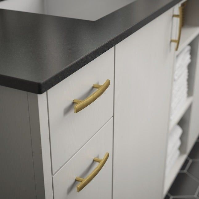 Sleek gold handles on white cabinetry