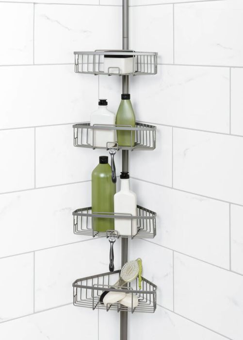 A grey corner shower caddy featuring four shelves.