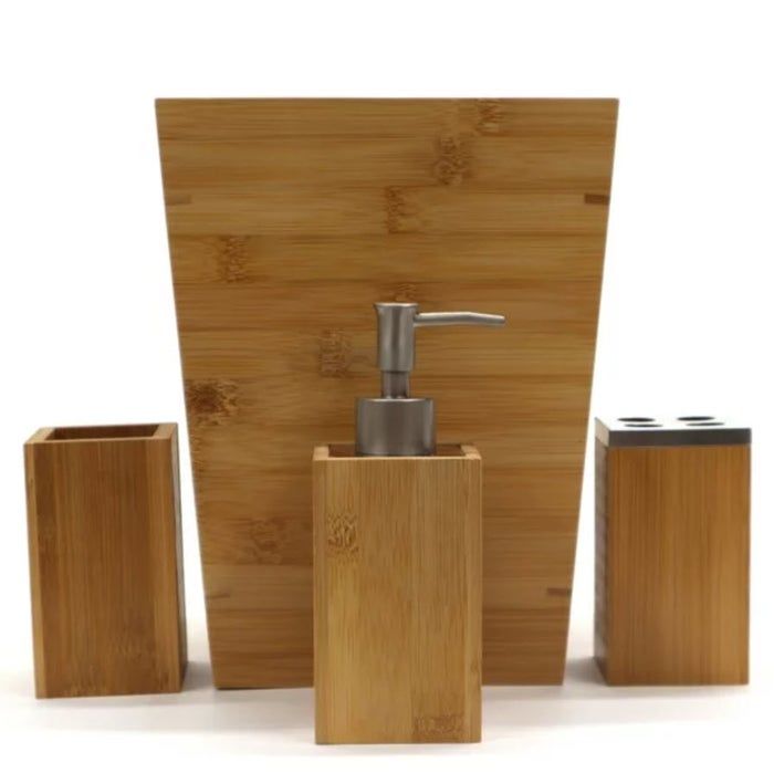 A wooden toilet brush holder and matching bathroom accessory set.