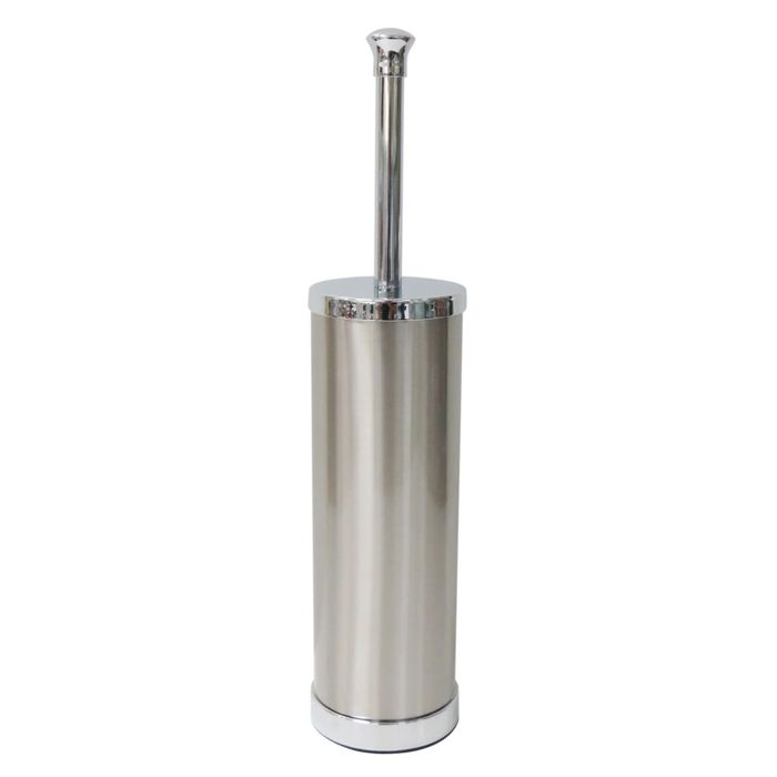 A silver toilet brush and matching holder.