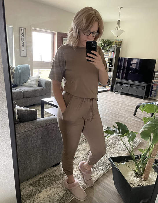 A reviewer pairs a nude set with effortless style, showcasing a chic and neutral ensemble.