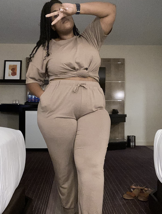 A reviewer confidently rocking the set, combining both style and comfort effortlessly.