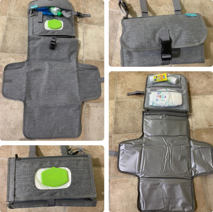 A gray portable baby changing pad displayed in various stages of use, showcasing compartments for wipes, diapers, and other baby necessities.