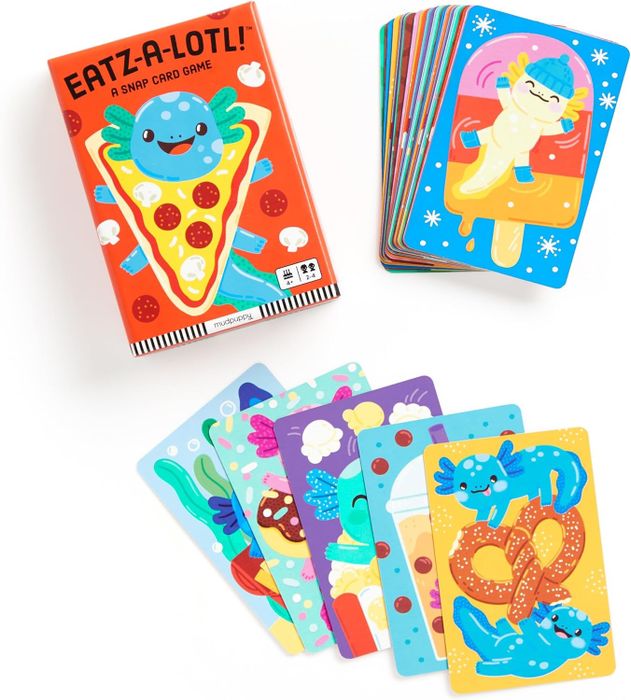 EATZ-A-LOT-L! card game with fun axolotl-themed snack illustrations, including pizza, popsicles, and pretzels