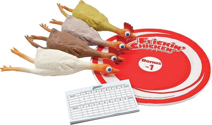 Four rubber chickens, tracking sheets, and a disc