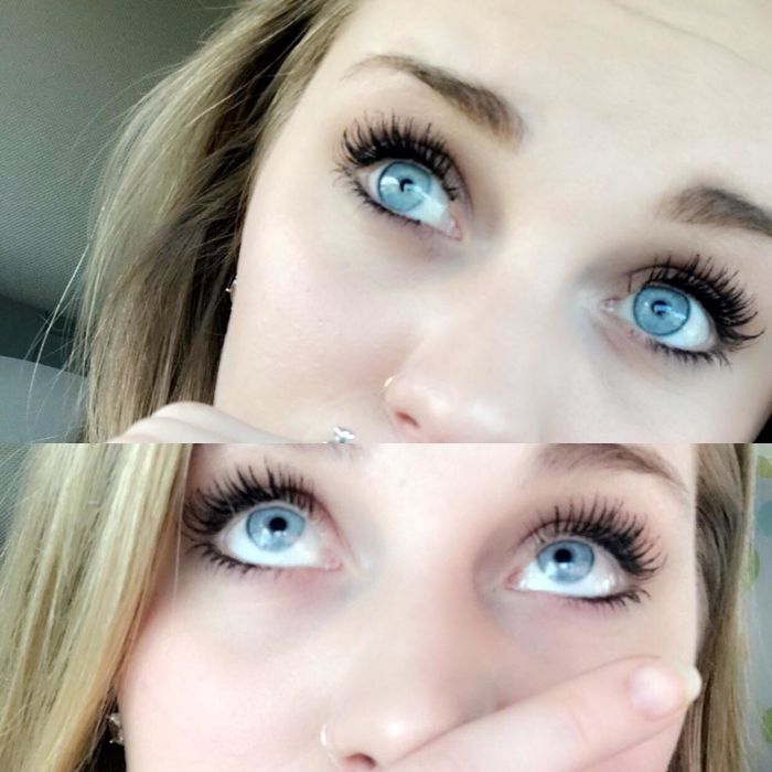 A reviewer showcasing the results of applying mascara.