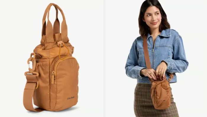 A model wearing a denim jacket and plaid skirt carries a small brown Calvin Klein crossbody bag, with a close-up of the bag shown on the left.