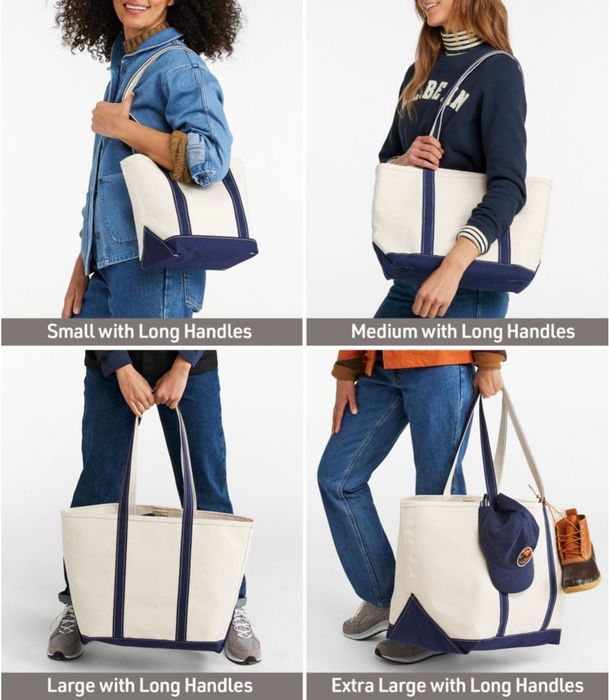 Four images show models carrying canvas tote bags in different sizes, labeled Small, Medium, Large, and Extra Large with Long Handles.