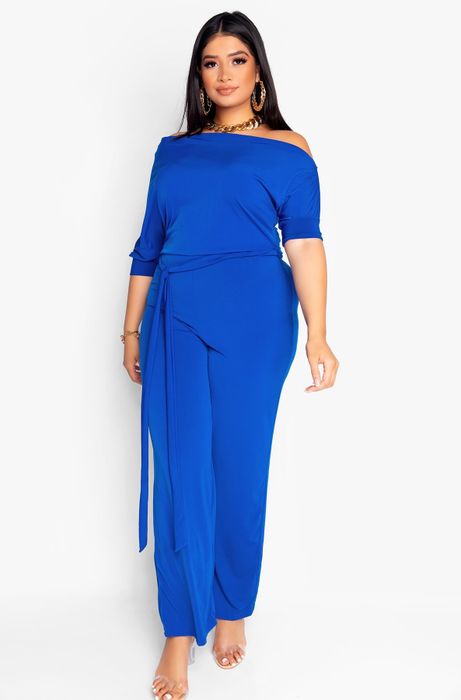 A model showcasing a blue jumpsuit