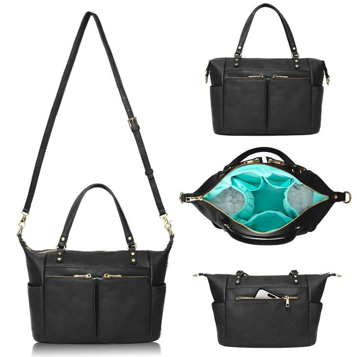 A black leather handbag with gold hardware, shown from various angles, with the interior visible and including a pocket for a cell phone.