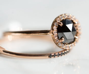 A round engagement ring with a striking black diamond at its center, encircled by a halo of diamonds
