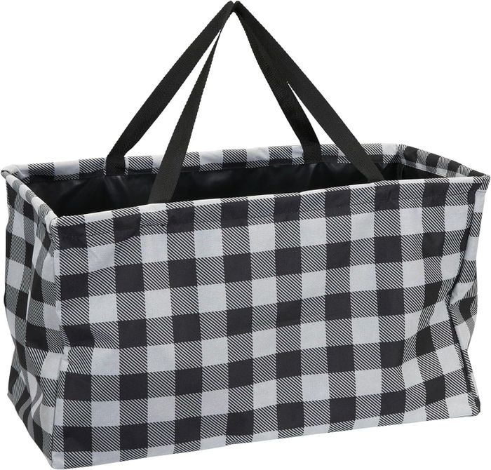 A large rectangular tote bag with black handles, featuring a bold black-and-white checkered design. Perfect for carrying groceries or other shopping needs.