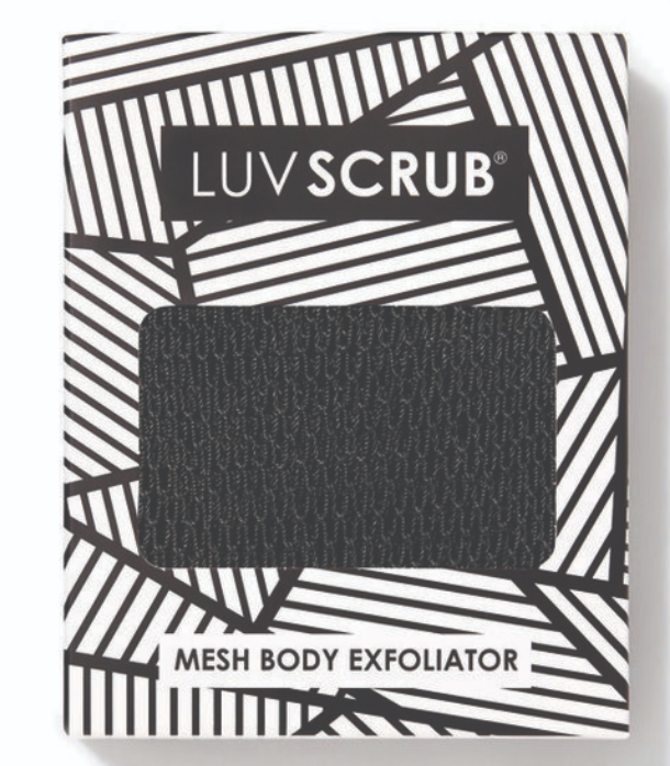 Black mesh exfoliator packaged in a box