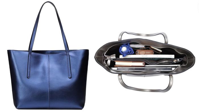 A stylish tote bag is displayed both empty and filled with items like a book, wallet, pen, and more, highlighting its spacious design and suitability for shopping.
