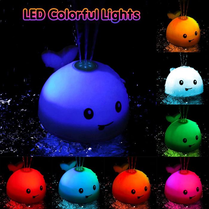 An LED whale that lights up in various colors and sprays water from the top