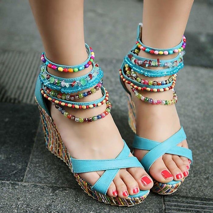 model showcases blue sandals