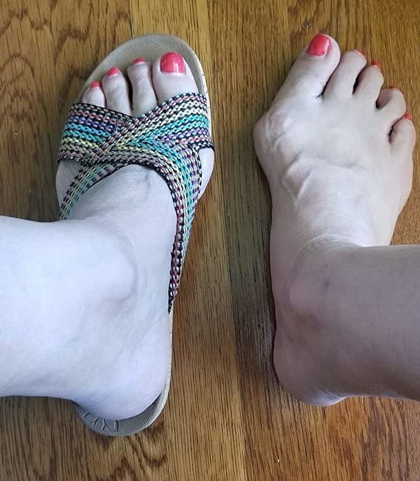 A reviewer modeling multi-colored footwear