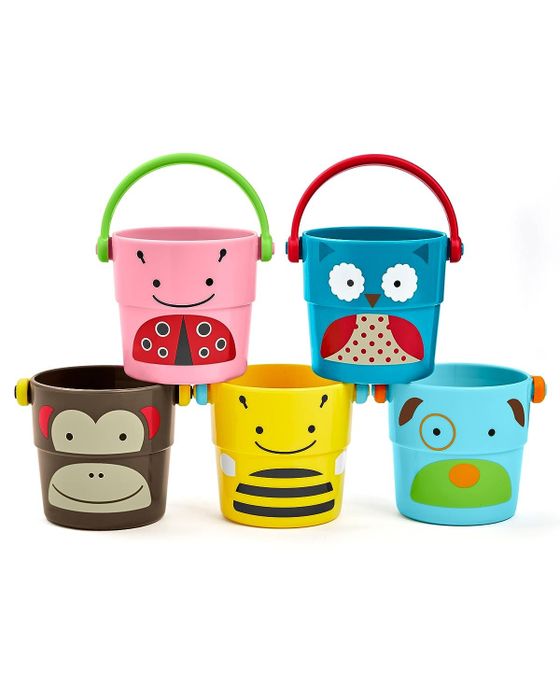 Five colorful bath toy buckets