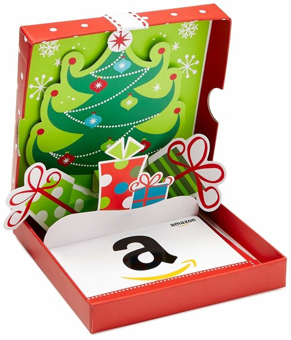 the Amazon gift card tucked inside a festive holiday box