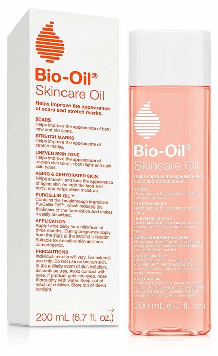 A bottle of Bio-Oil skincare oil, known for its skin-repairing and hydrating properties.