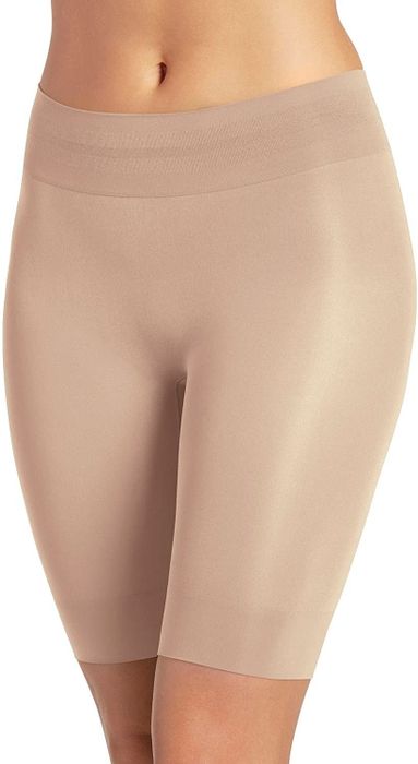 the same slip shorts in a pale taupe color