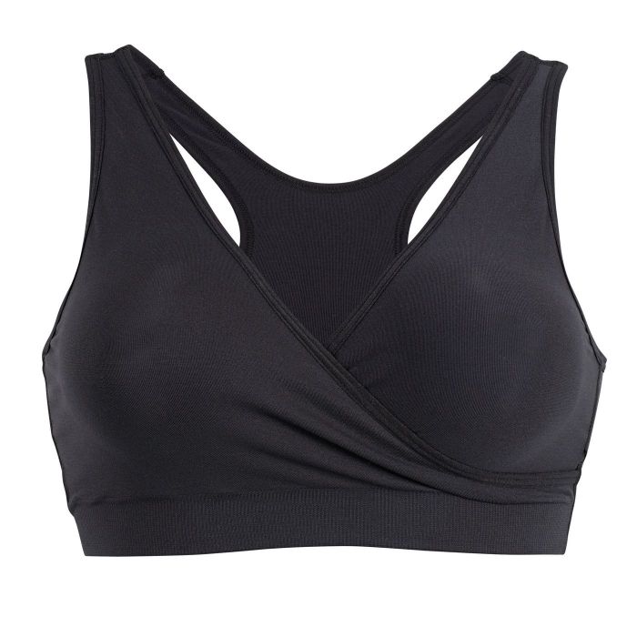 A wrap-front V-neck bra designed for easy pull-down access, offering both comfort and convenience.