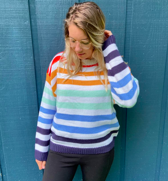 Another reviewer rocking the rainbow striped sweater