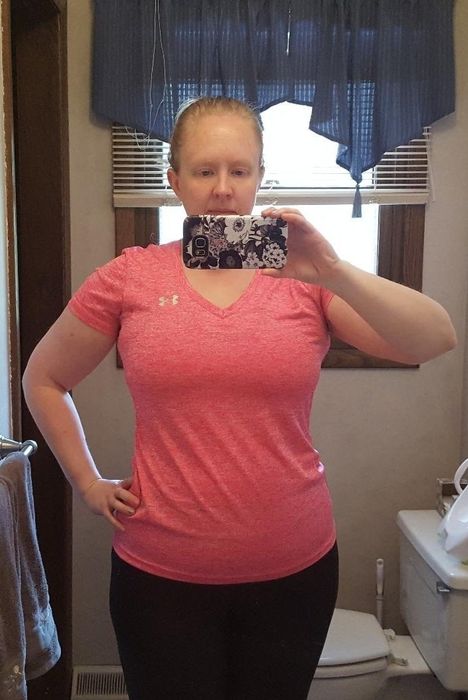 A reviewer wearing the shirt