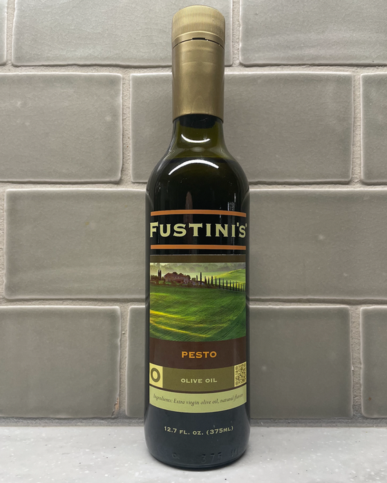 The pesto olive oil in its bottle