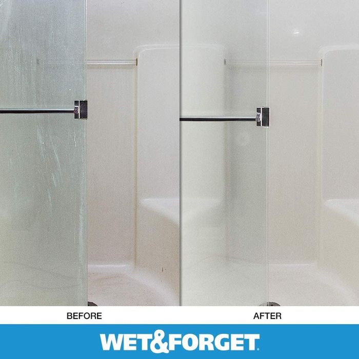 a glass shower door showing the transformation before and after using Wet & Forget