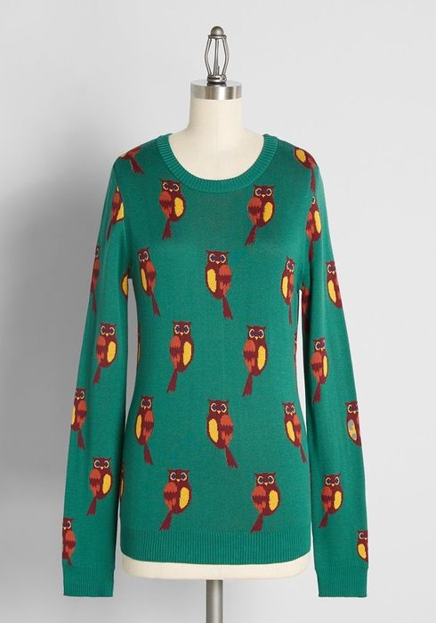 The green sweater adorned with brown owls