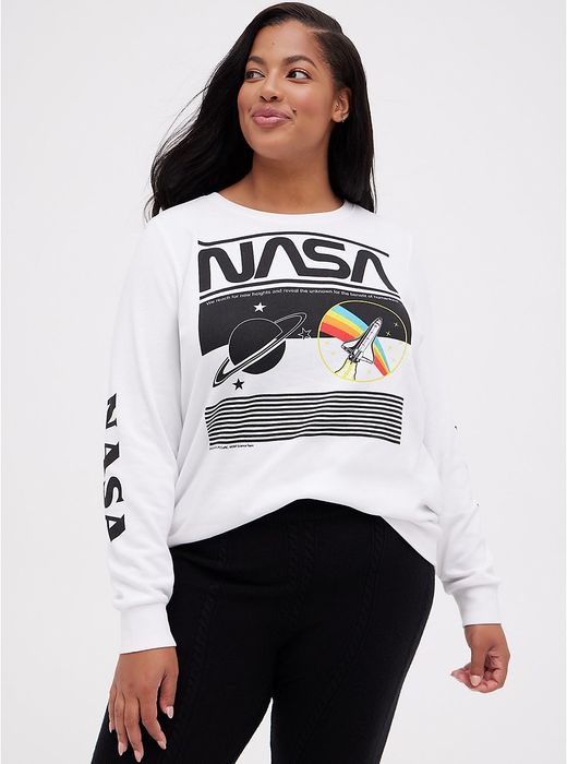 A model rocking a NASA sweatshirt.
