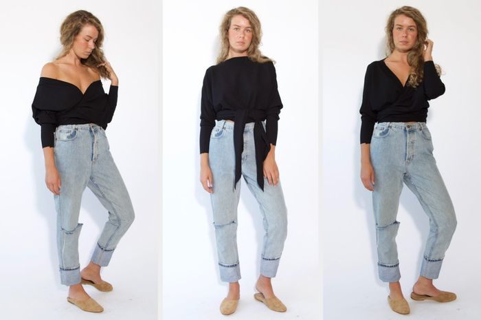 A model showcasing the black long-sleeved wrap top styled in three ways: off the shoulder, tied in the front with a square neck, and tied in the back with a V-neck in front
